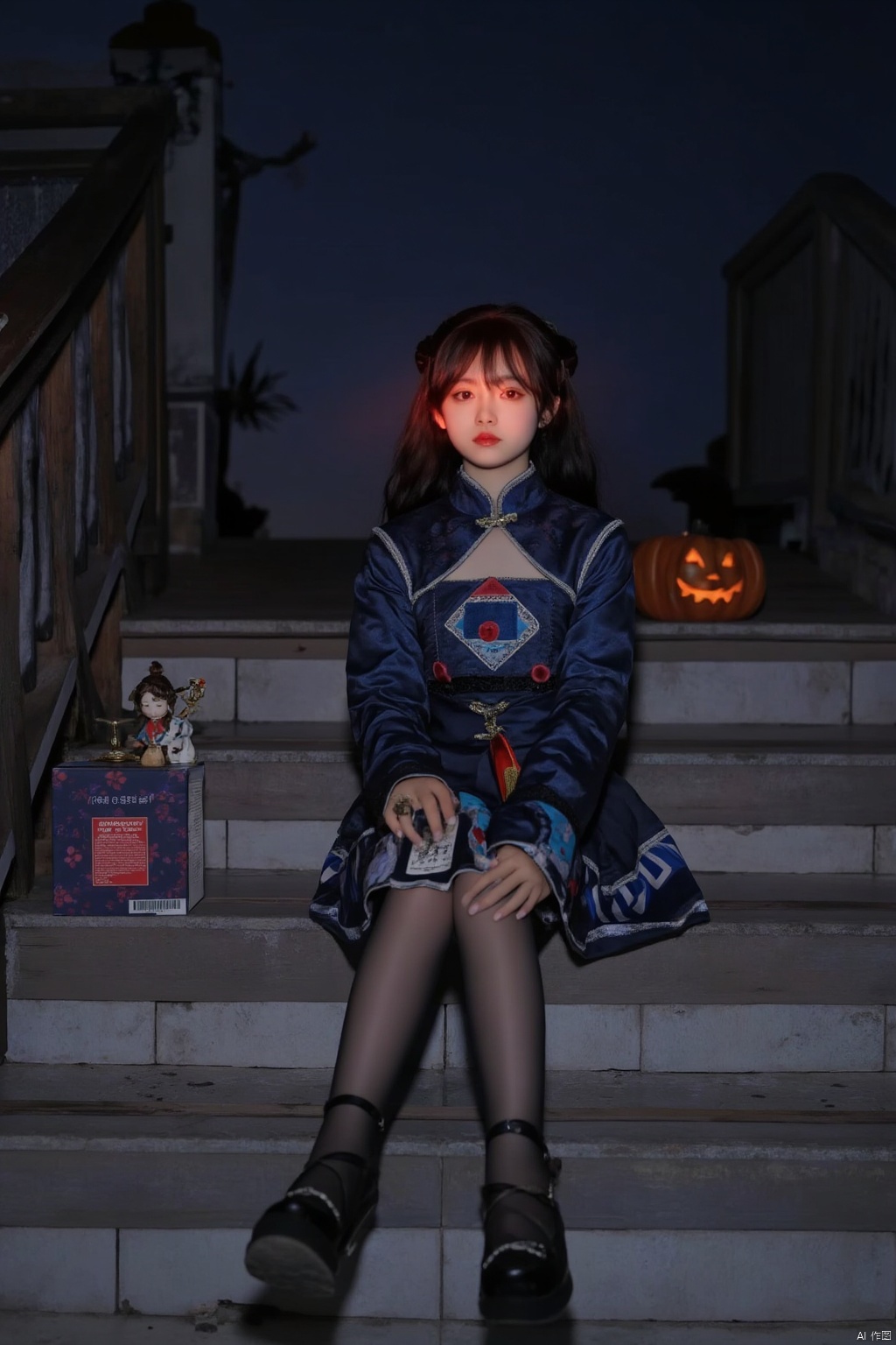 A mystical scene unfolds: a young girl with dark brown hair and bangs sits regally on stairs, directly addressing the viewer. Traditional Chinese dress adorns her, complete with long sleeves, pantyhose, and high heels, paired with black footwear. Her deep brown eyes frame a peaceful expression as she holds an ofuda near crossed legs. In the background, a jiangshi figurine perches atop a Qing Guangmao QFL box, while a jack-o'-lantern casts an eerie glow, its light dancing across her serene face.