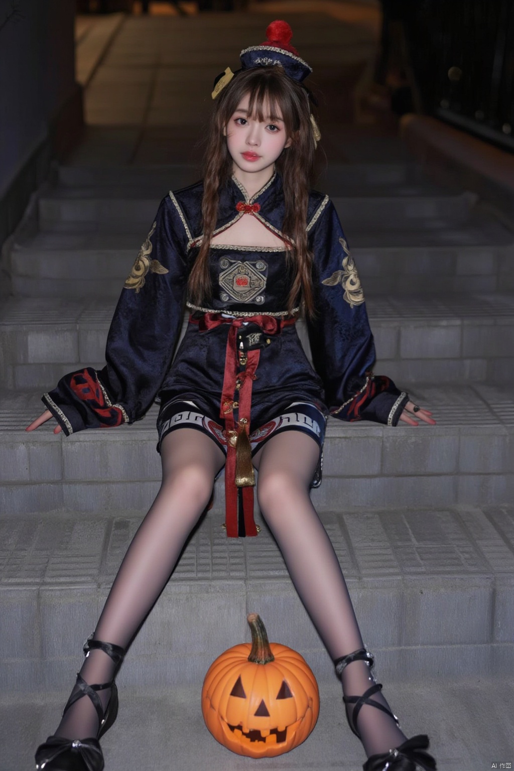 1girl, solo, long hair, looking at viewer, bangs, brown hair, long sleeves, hat, dress, brown eyes, sitting, full body, pantyhose, shoes, black footwear, high heels, chinese clothes, crossed legs, ofuda, stairs, jiangshi, qing guanmao,qfl,jack-o'-lantern