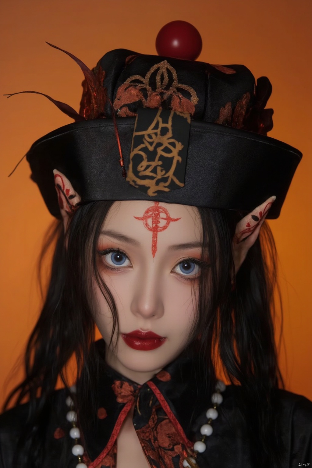 A captivating portrait of a Qing dynasty-inspired Jiangshi maiden. Framed in a warm, golden light, the subject sits proudly, her long black hair flowing down her back like a dark waterfall. Her piercing gaze meets the viewer's, adorned with subtle makeup and a striking red lip color. A delicate hat rests atop her raven tresses, featuring intricate designs that echo the ornate patterns on her Chinese attire. Notably, she sports pointy ears and a forehead mark, hinting at her supernatural nature. The overall composition is centered around her captivating blue eyes, which seem to hold a mystical allure. The ofuda, a sacred paper talisman, rests discreetly near her lips, adding an air of mystique to the scene.