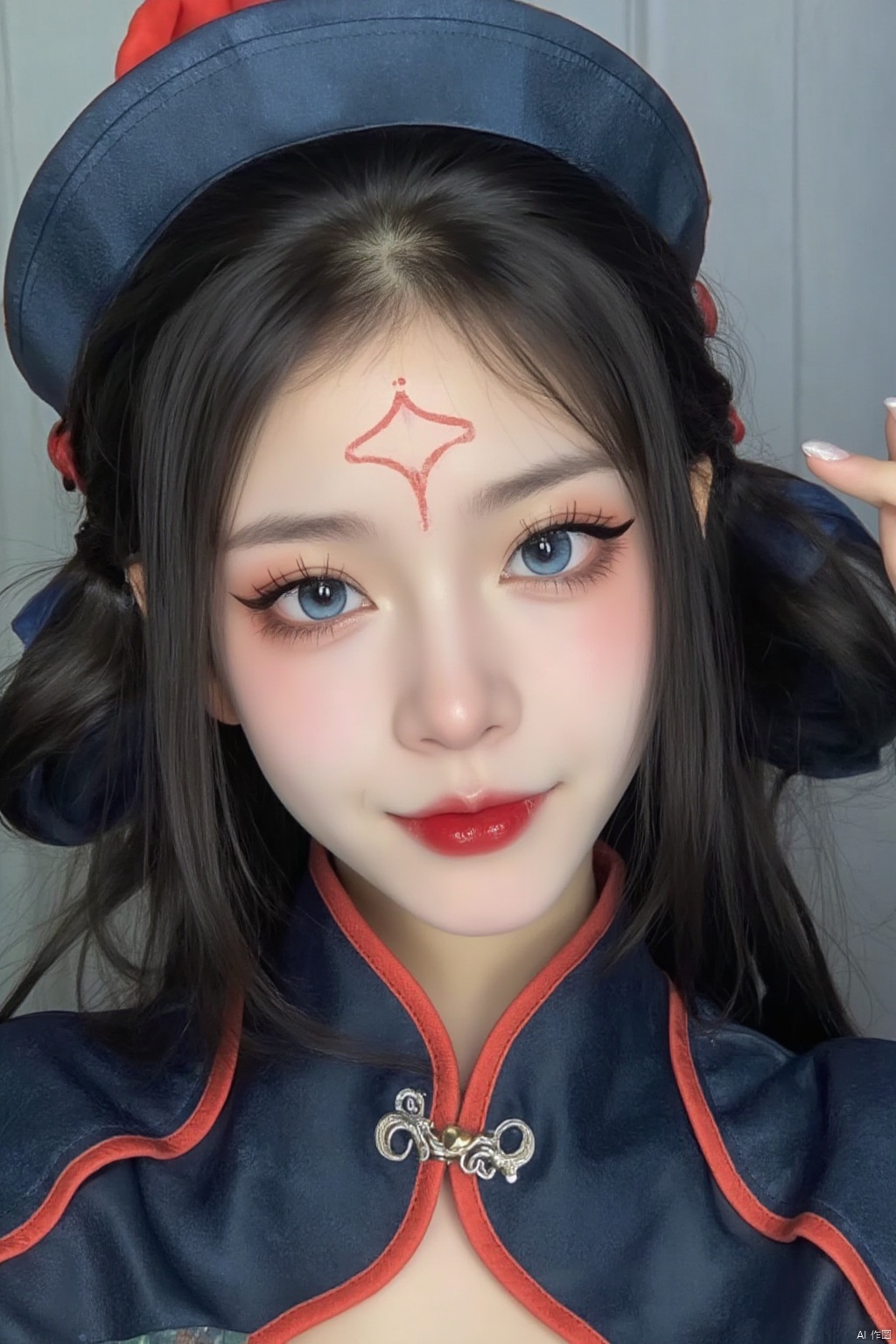 1girl, solo, long hair, looking at viewer, smile, blue eyes, black hair, hat, upper body, pointy ears, lips, makeup, facial mark, chinese clothes, piercing, pale skin, ofuda, forehead mark, red lips, jiangshi, qing guanmao