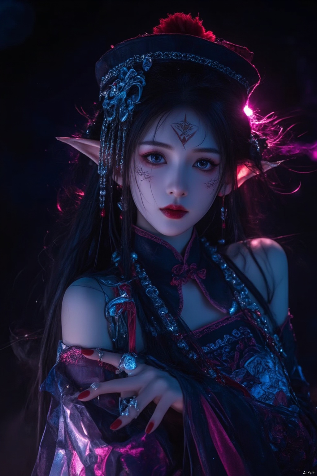 A striking image of a solo female figure with long black hair and a hat, gazing directly at the viewer. Her piercing blue eyes seem to gleam in the dimly lit atmosphere. The exposed shoulders reveal intricate jewelry adorning her upper body. Detached sleeves frame her pointy ears, which sport a fang-like protrusion. Her lips are painted a deep red, complementing her fingernails. A clothing cutout accentuates her curves, while Chinese-inspired attire wraps around her slender figure. A striking facial mark and piercing ear studs add to the overall mystique. In her hand, she grasps an ofuda, evoking the supernatural essence of a jiangshi. The qing guanmao's eerie glow casts an otherworldly ambiance, drawing us in with its haunting beauty.