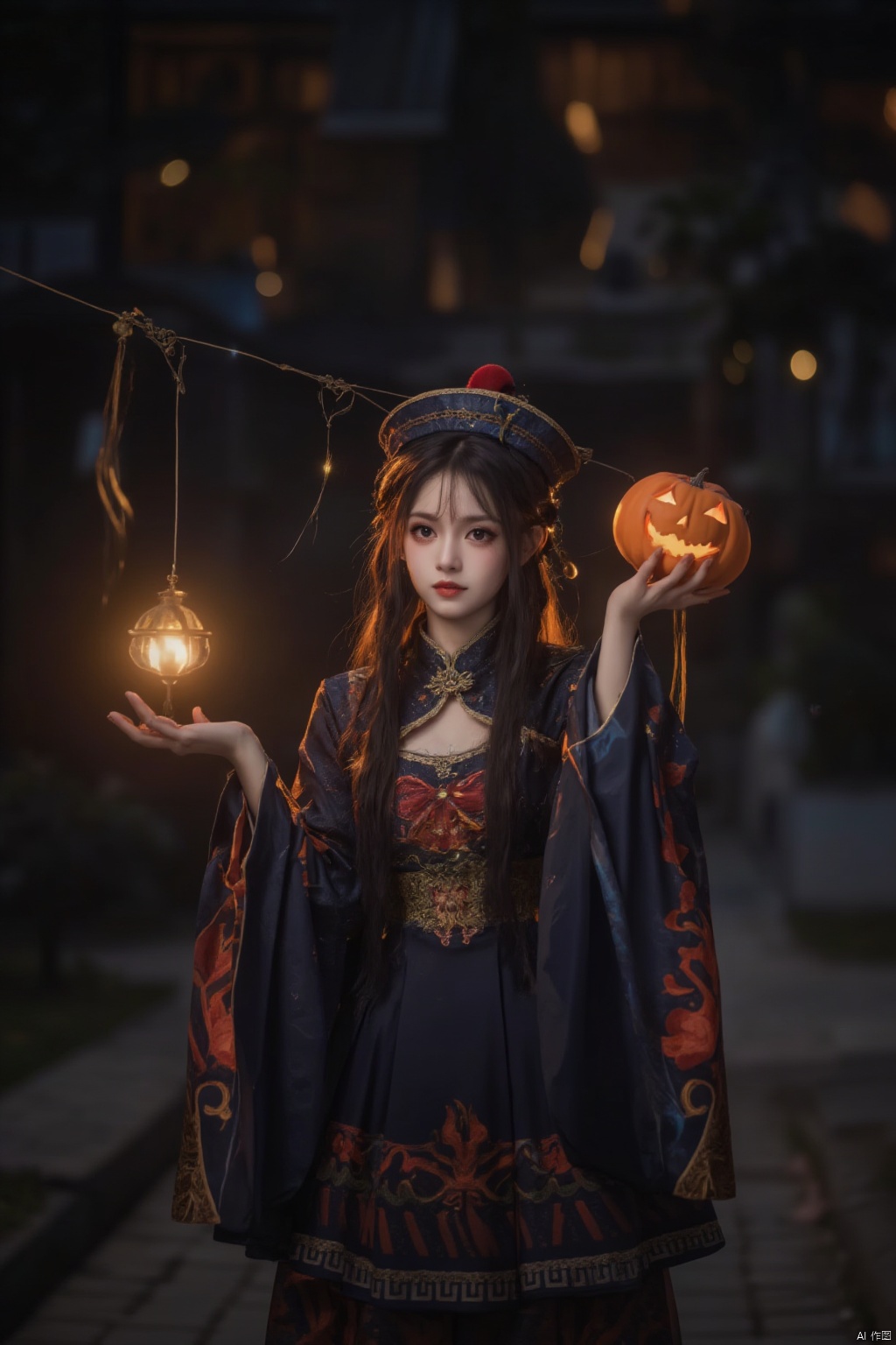 A stunning 8K visual masterpiece! A single female figure stands out against a darkened backdrop, her long brown hair cascading down her back like a golden waterfall. Her gaze is fixed directly at the viewer, an air of quiet determination etched on her face. She wears a flowing Chinese-inspired outfit with wide sleeves and a hat adorned with intricate designs. In one hand, she holds an ofuda, its delicate threads seemingly suspended in mid-air. The other hand cradles a jack-o'-lantern, its carved design glowing softly in the dim light. Her facial expression is marked by a subtle, enigmatic smile. The atmosphere is eerie yet captivating, as if time itself has frozen around her.