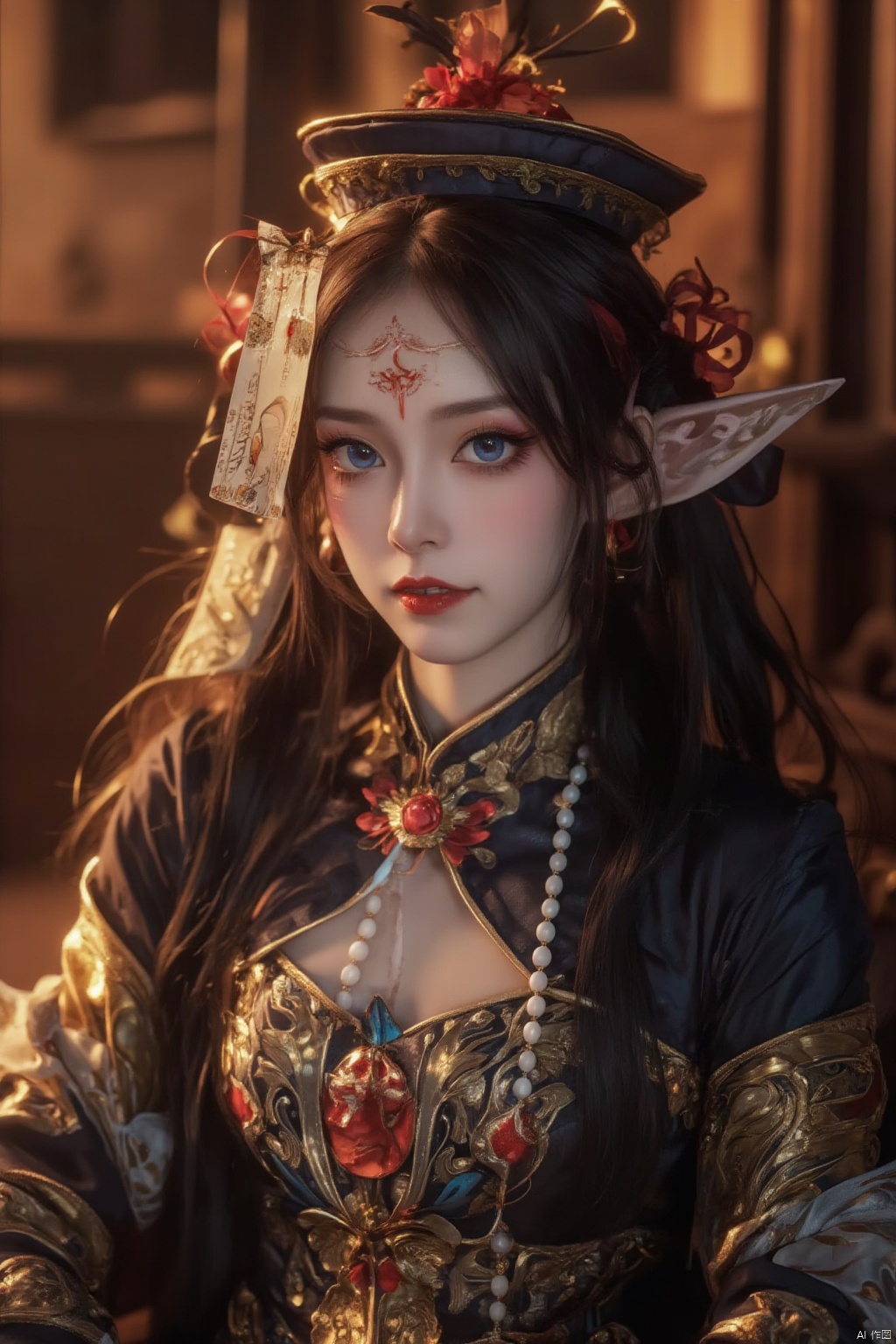 A captivating portrait of a Qing dynasty-inspired Jiangshi maiden. Framed in a warm, golden light, the subject sits proudly, her long black hair flowing down her back like a dark waterfall. Her piercing gaze meets the viewer's, adorned with subtle makeup and a striking red lip color. A delicate hat rests atop her raven tresses, featuring intricate designs that echo the ornate patterns on her Chinese attire. Notably, she sports pointy ears and a forehead mark, hinting at her supernatural nature. The overall composition is centered around her captivating blue eyes, which seem to hold a mystical allure. The ofuda, a sacred paper talisman, rests discreetly near her lips, adding an air of mystique to the scene.