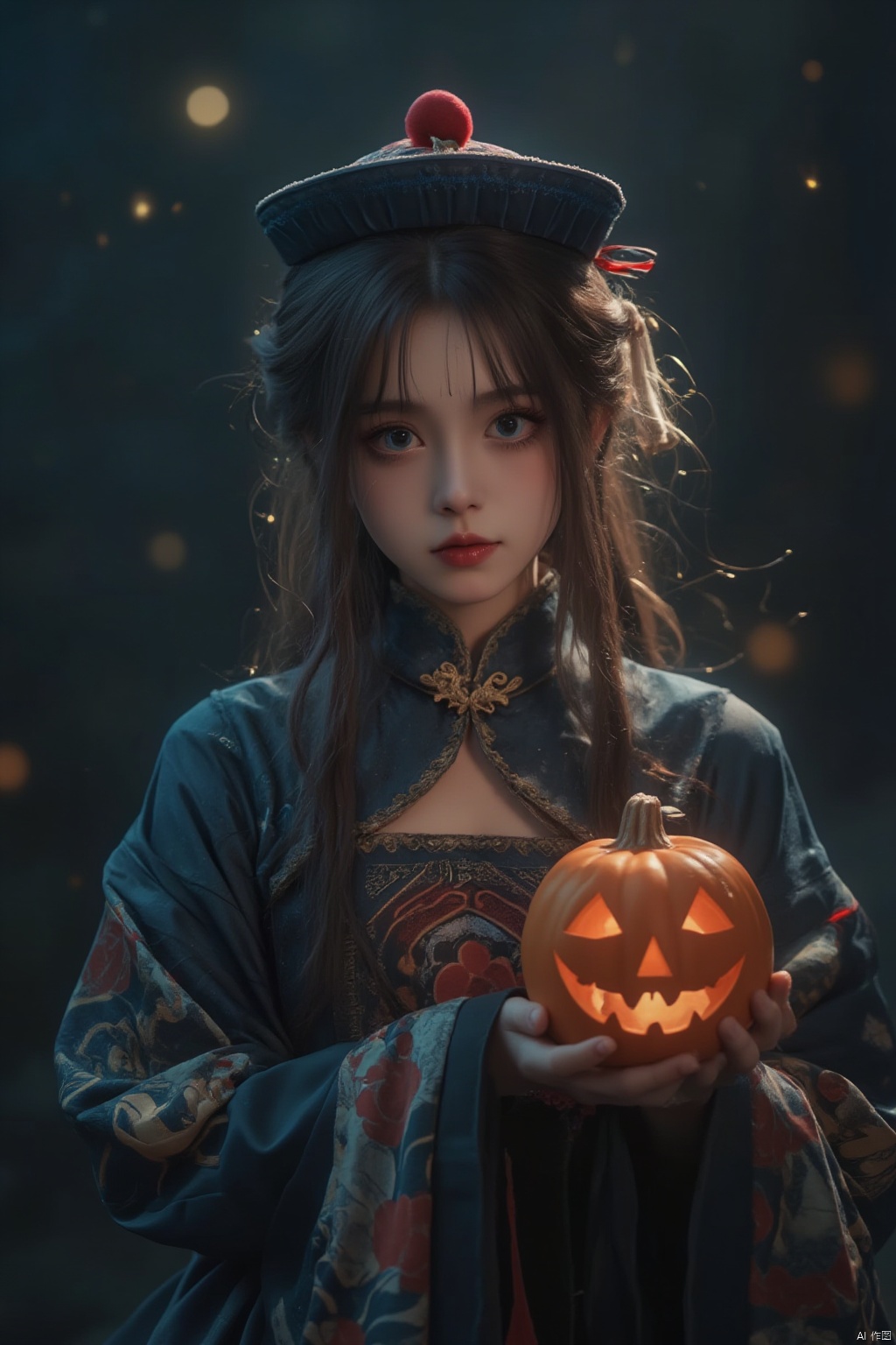 A stunning 8K visual masterpiece! A single female figure stands out against a darkened backdrop, her long brown hair cascading down her back like a golden waterfall. Her gaze is fixed directly at the viewer, an air of quiet determination etched on her face. She wears a flowing Chinese-inspired outfit with wide sleeves and a hat adorned with intricate designs. In one hand, she holds an ofuda, its delicate threads seemingly suspended in mid-air. The other hand cradles a jack-o'-lantern, its carved design glowing softly in the dim light. Her facial expression is marked by a subtle, enigmatic smile. The atmosphere is eerie yet captivating, as if time itself has frozen around her.