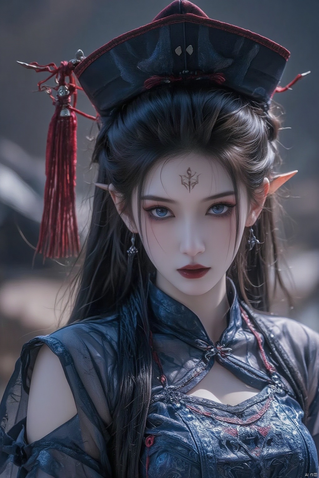 1girl, solo, long hair, looking at viewer, blue eyes, black hair, hat, bare shoulders, jewelry, upper body, earrings, detached sleeves, pointy ears, fang, lips, fingernails, clothing cutout, makeup, facial mark, chinese clothes, piercing, ear piercing, ofuda, red lips, jiangshi, qing guanmao