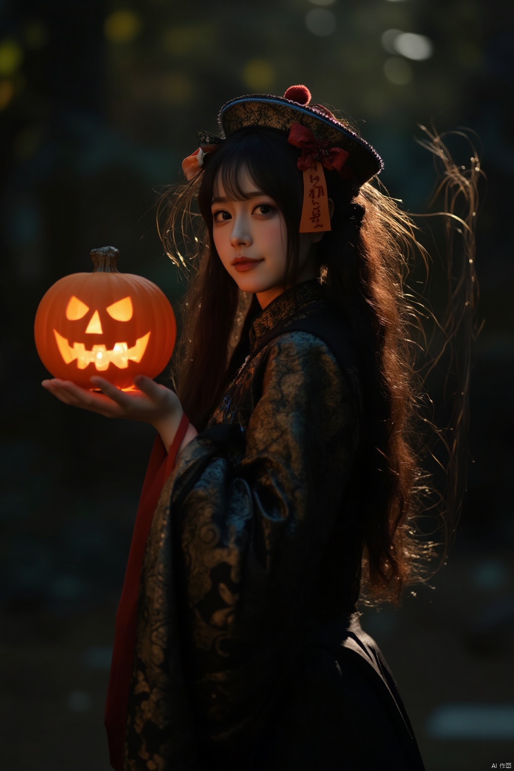 A stunning 8K visual masterpiece! A single female figure stands out against a darkened backdrop, her long brown hair cascading down her back like a golden waterfall. Her gaze is fixed directly at the viewer, an air of quiet determination etched on her face. She wears a flowing Chinese-inspired outfit with wide sleeves and a hat adorned with intricate designs. In one hand, she holds an ofuda, its delicate threads seemingly suspended in mid-air. The other hand cradles a jack-o'-lantern, its carved design glowing softly in the dim light. Her facial expression is marked by a subtle, enigmatic smile. The atmosphere is eerie yet captivating, as if time itself has frozen around her.