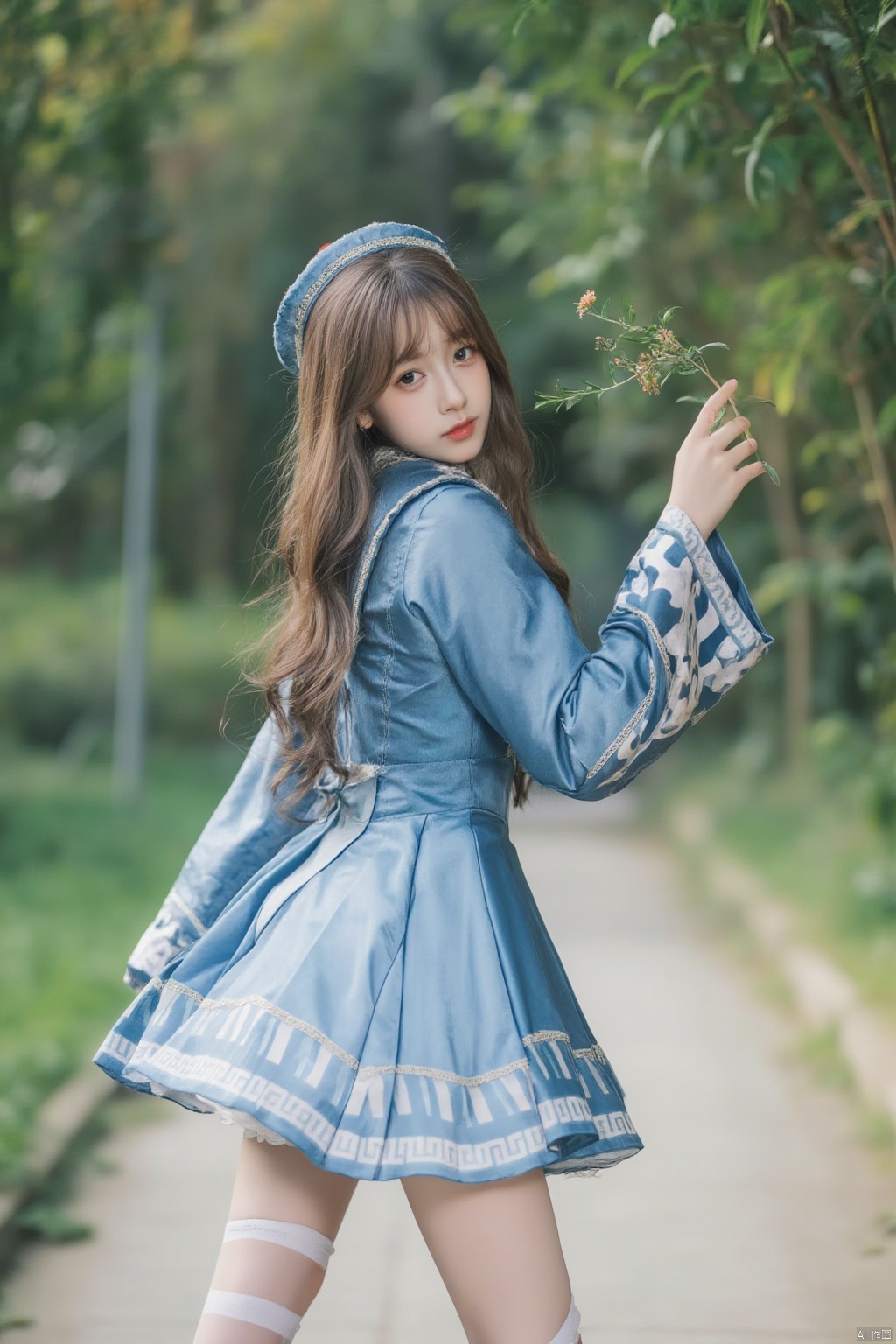 A young woman stands confidently outdoors, her long brown hair cascading down her back. She gazes directly at the viewer, wearing a flowing blue striped skirt that falls just above her knees. Long sleeves and a hat add a touch of modesty to her outfit, which is completed by striped thigh-highs and a dress with a subtle sheen. In one hand, she holds a small plant, its leaves and stems blurred slightly due to the photographer's focus on her striking features.