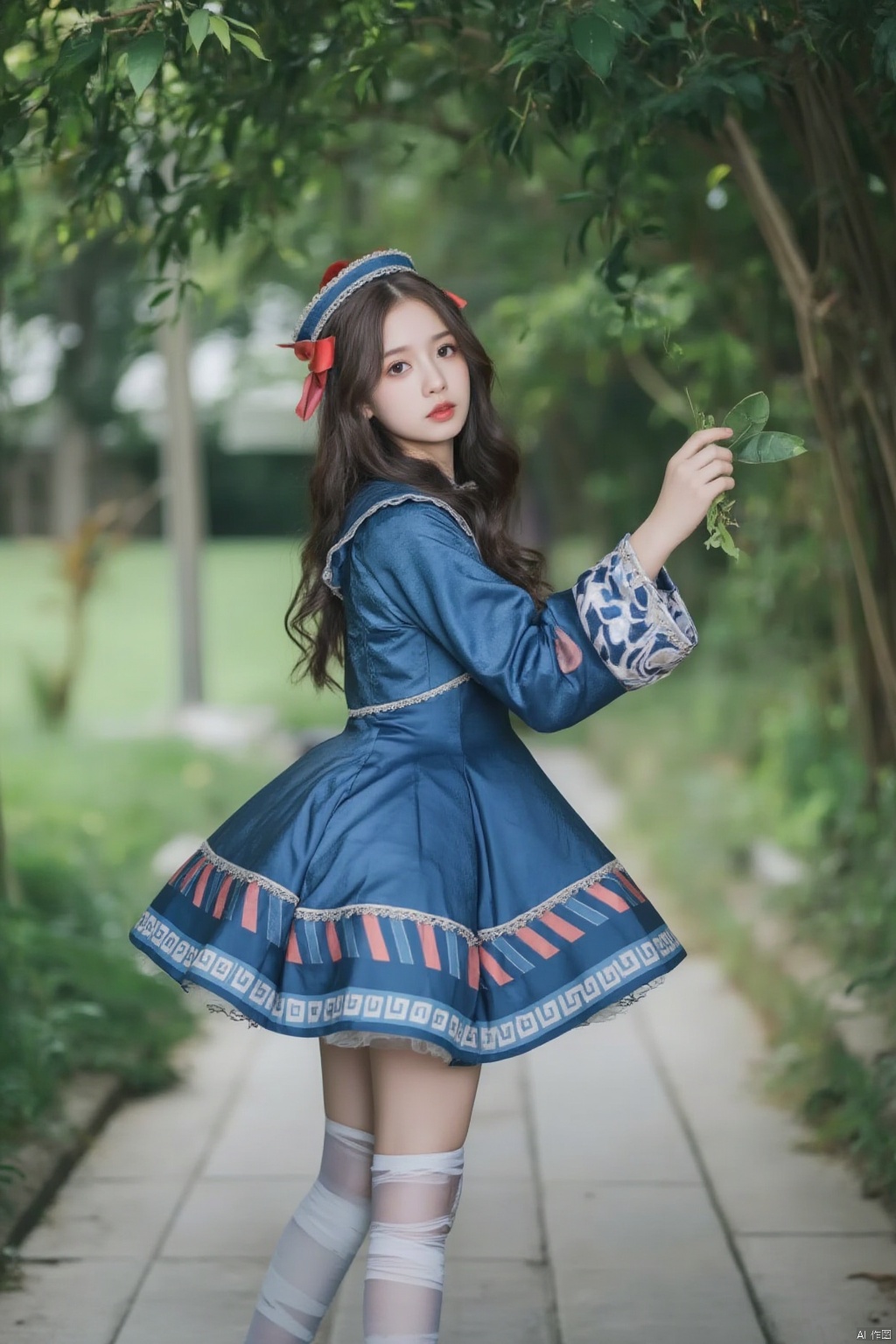 A young woman stands confidently outdoors, her long brown hair cascading down her back. She gazes directly at the viewer, wearing a flowing blue striped skirt that falls just above her knees. Long sleeves and a hat add a touch of modesty to her outfit, which is completed by striped thigh-highs and a dress with a subtle sheen. In one hand, she holds a small plant, its leaves and stems blurred slightly due to the photographer's focus on her striking features.