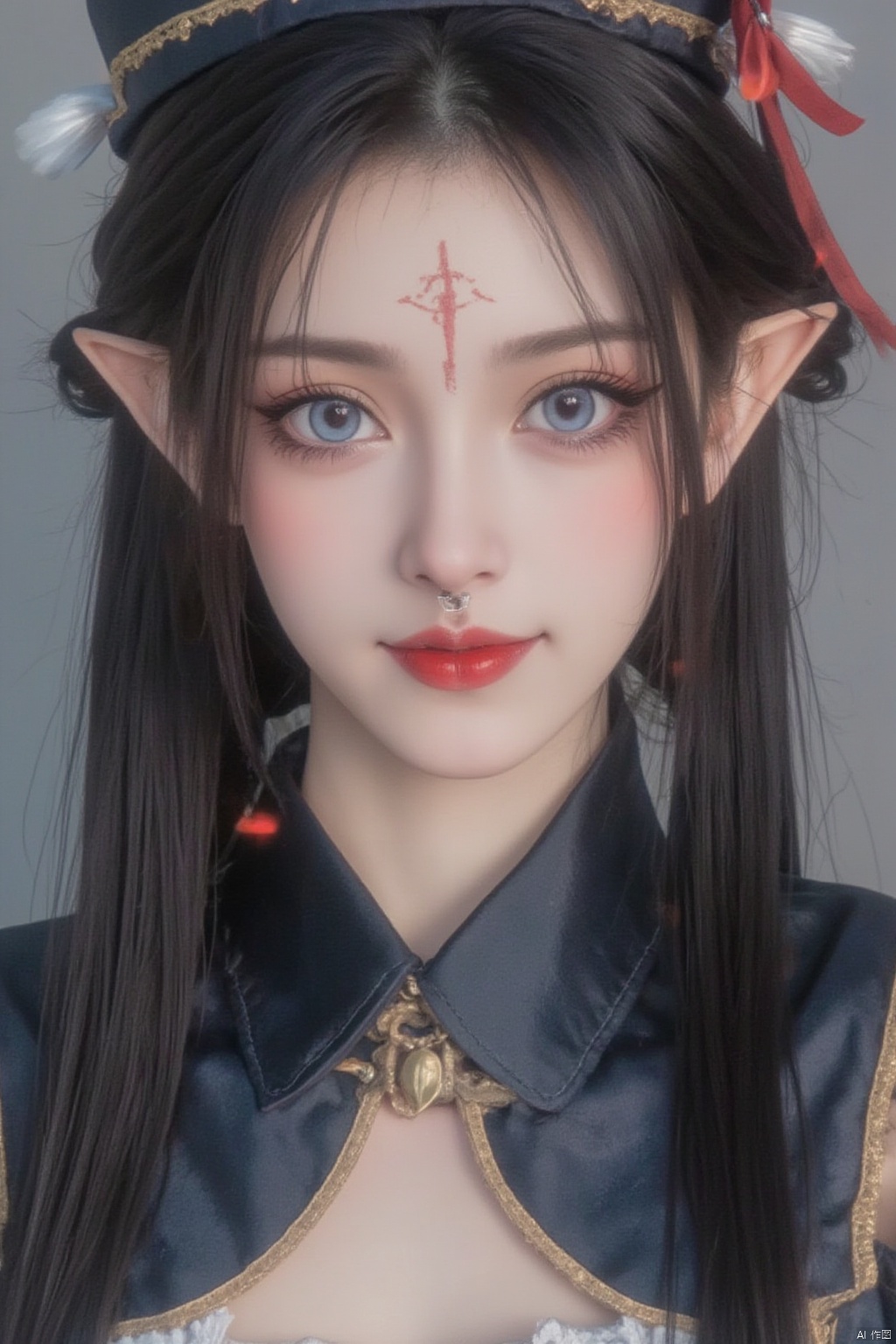 1girl, solo, long hair, looking at viewer, smile, blue eyes, black hair, hat, upper body, pointy ears, lips, makeup, facial mark, chinese clothes, piercing, pale skin, ofuda, forehead mark, red lips, jiangshi, qing guanmao