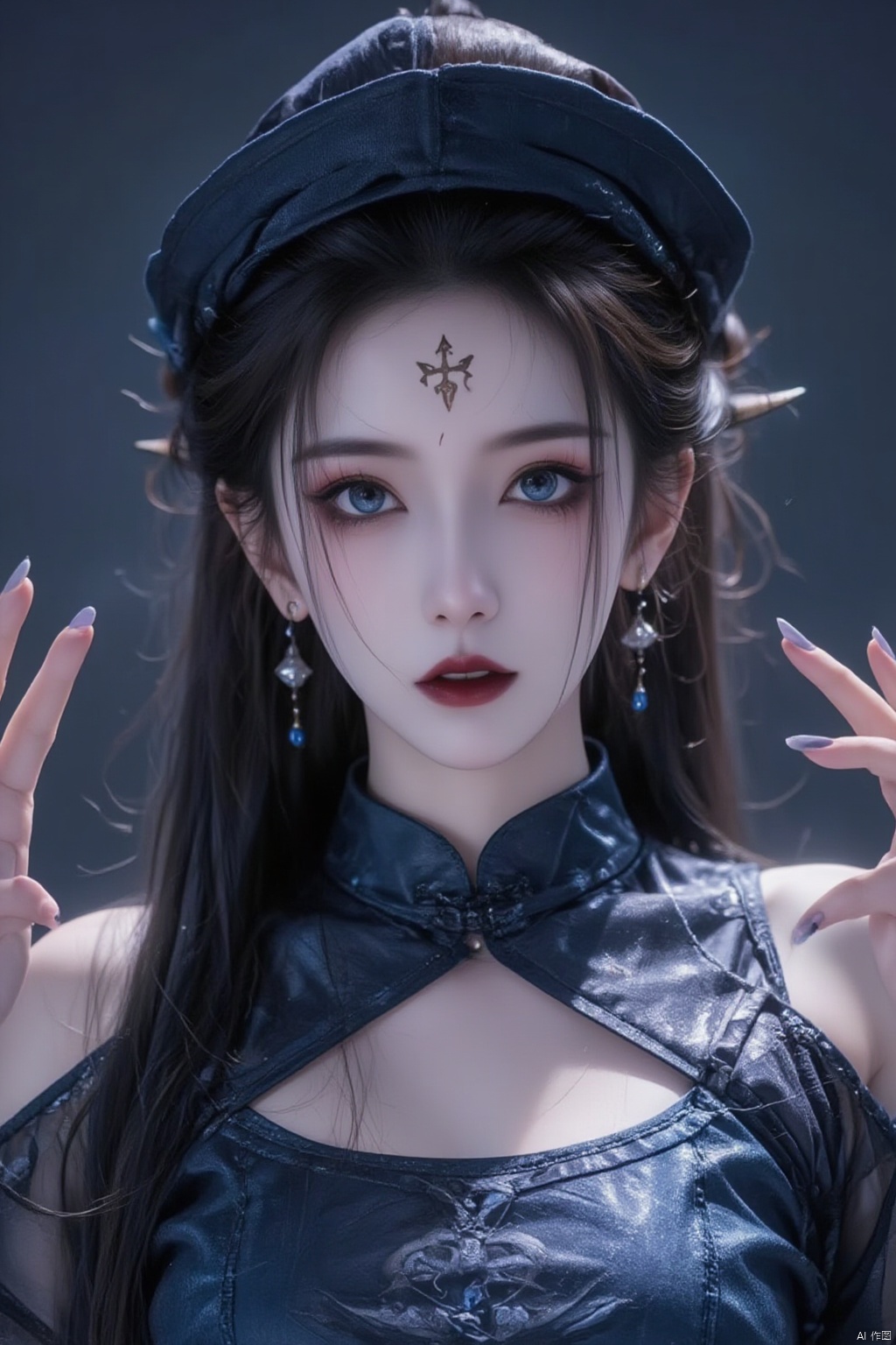 1girl, solo, long hair, looking at viewer, blue eyes, black hair, hat, bare shoulders, jewelry, upper body, earrings, detached sleeves, pointy ears, fang, lips, fingernails, clothing cutout, makeup, facial mark, chinese clothes, piercing, ear piercing, ofuda, red lips, jiangshi, qing guanmao