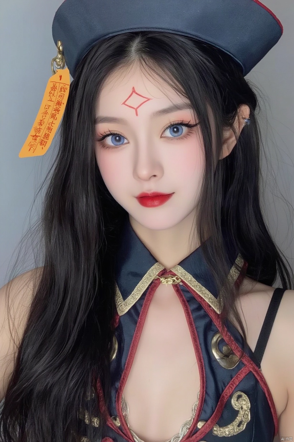 1girl, solo, long hair, looking at viewer, smile, blue eyes, black hair, hat, upper body, pointy ears, lips, makeup, facial mark, chinese clothes, piercing, pale skin, ofuda, forehead mark, red lips, jiangshi, qing guanmao