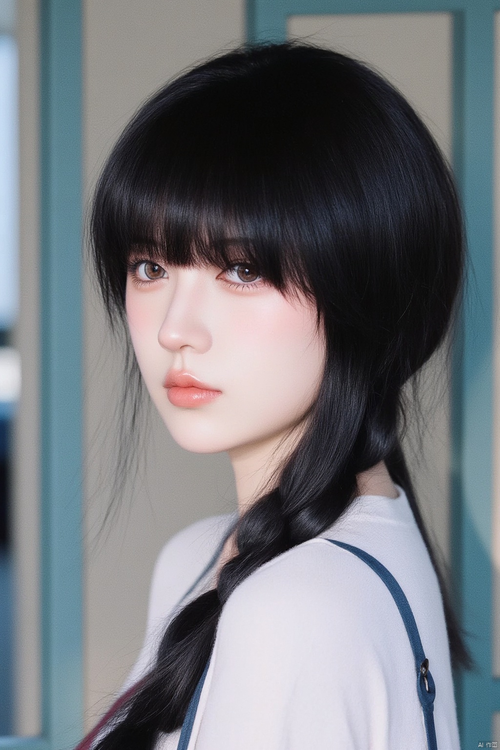 FJFM,1girl,Asian,bangs,black hair,blunt bangs,background blur,brown eyes,closed mouth,depth of field,side,strap,lips,looking aside,nose,portrait,shirt,long hair,double ponytail,solo,grating,Fuji camera filter,VSCO