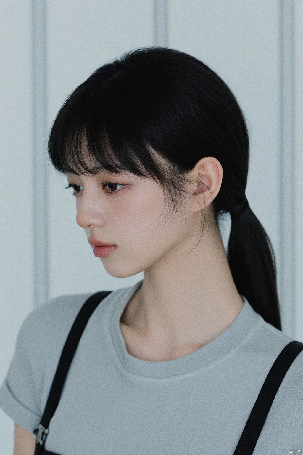 FJFM,1girl,Asian,bangs,black hair,blunt bangs,background blur,brown eyes,closed mouth,depth of field,side,strap,lips,looking aside,nose,portrait,shirt,long hair,double ponytail,solo,grating,Fuji camera filter,VSCO
