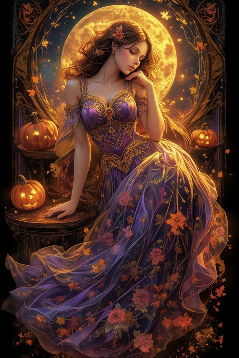 A dreamy Art Nouveau scene in the style of Alphons Mucha,  depicting a woman in a flowing,  ornate dress with intricate fl...