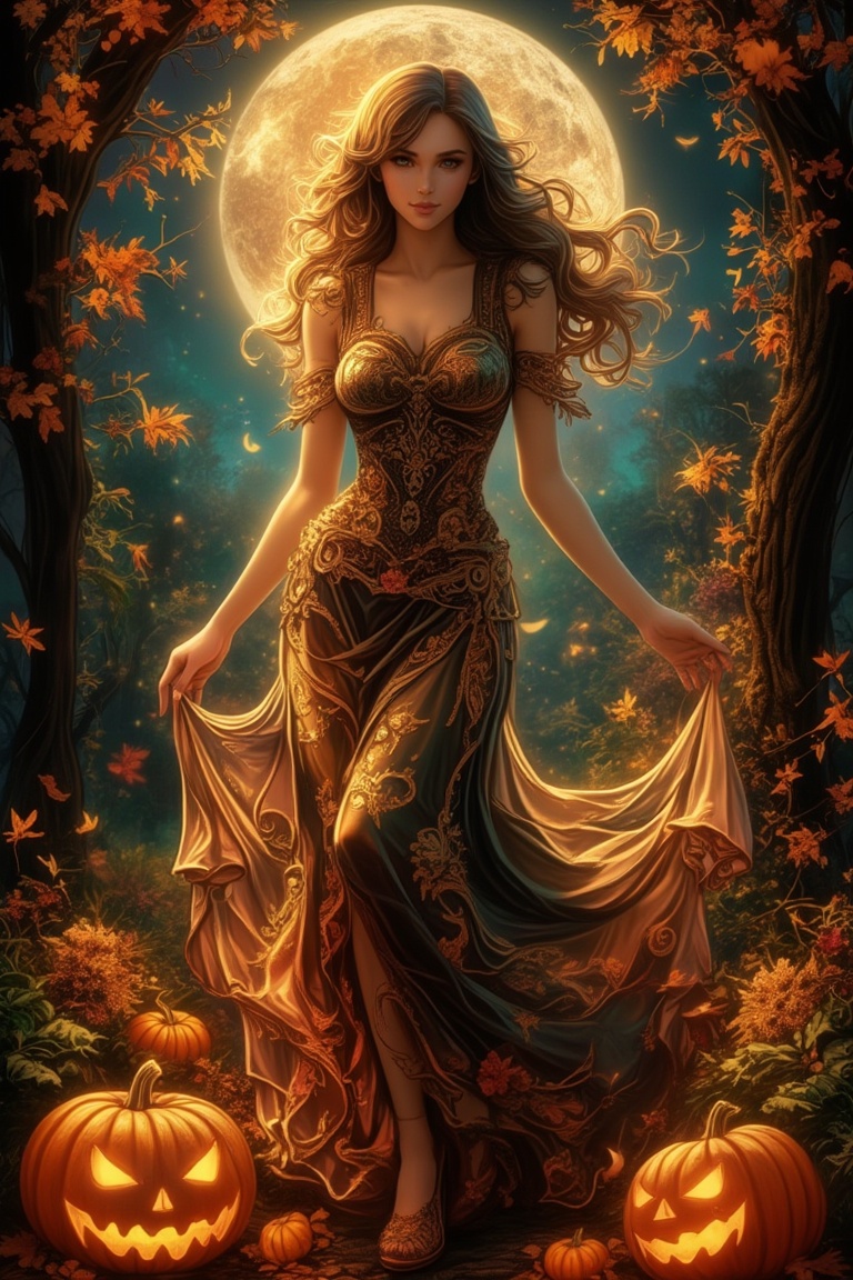 A stunning Art Nouveau portrait of a woman in the style of Alphons Mucha,  standing under a full moon. She wears a flowing...