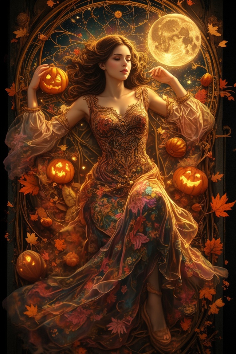 A dreamy Art Nouveau scene in the style of Alphons Mucha,  depicting a woman in a flowing,  ornate dress with intricate fl...