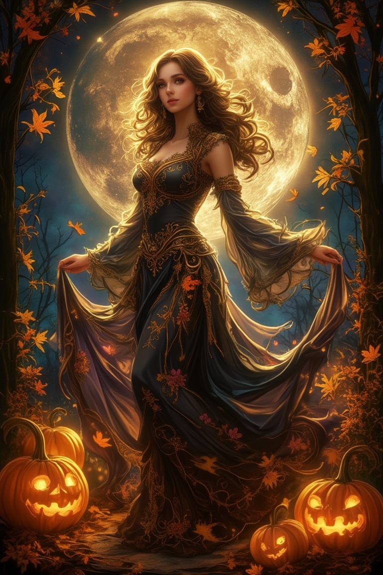 A stunning Art Nouveau portrait of a woman in the style of Alphons Mucha,  standing under a full moon. She wears a flowing...