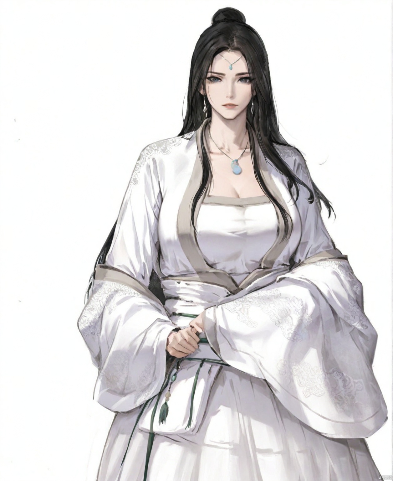 solo,highly detailed,(best quality),((masterpiece)),1girl,black hair,simple_background,long hair,peiyuhan,white clothes,looking_at_viewer,necklace,shouhui,ggbh,rio,sanguo,