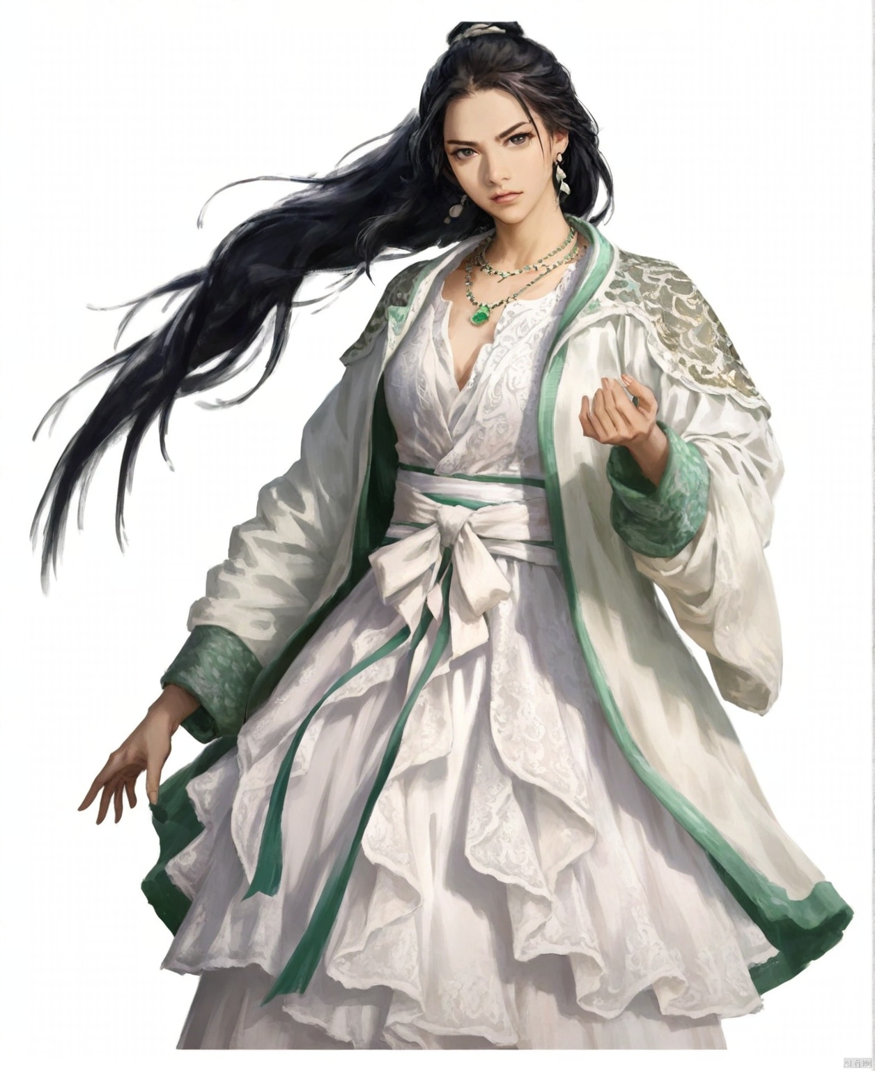 solo,highly detailed,(best quality),((masterpiece)),1girl,black hair,simple_background,long hair,peiyuhan,white clothes,looking_at_viewer,necklace,shouhui,ggbh,rio,sanguo,