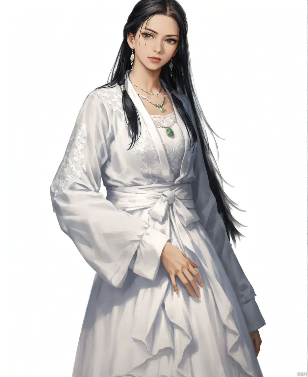 solo,highly detailed,(best quality),((masterpiece)),1girl,black hair,simple_background,long hair,peiyuhan,white clothes,looking_at_viewer,necklace,shouhui,ggbh,rio,sanguo,