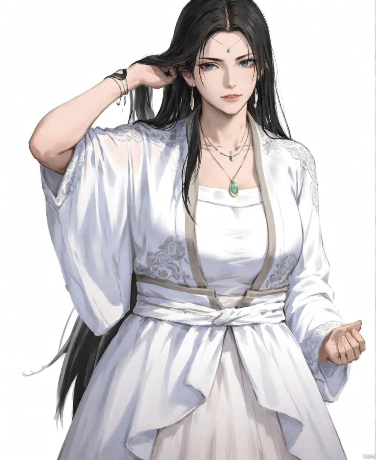 solo,highly detailed,(best quality),((masterpiece)),1girl,black hair,simple_background,long hair,peiyuhan,white clothes,looking_at_viewer,necklace,shouhui,ggbh,rio,sanguo,