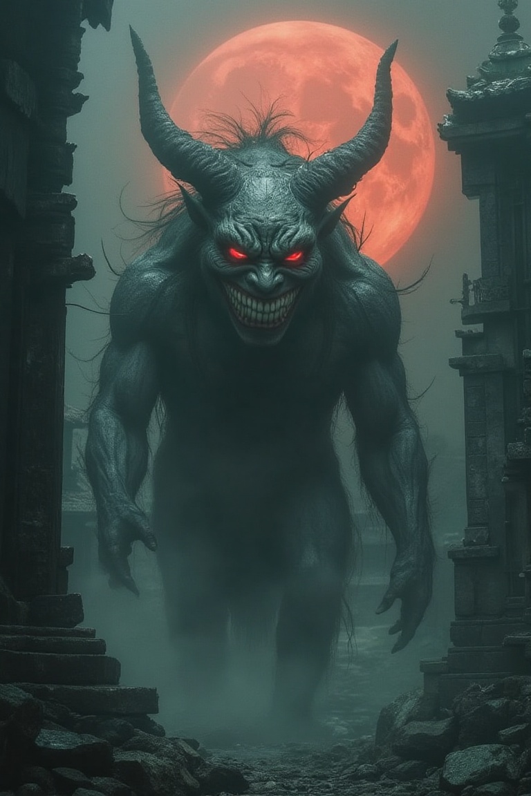 A ghostly Oni spirit, with glowing red eyes and sharp horns, its large, muscular body fading in and out of the shadows of an ancient temple under a blood-red moon, while its evil grin spreads across its face