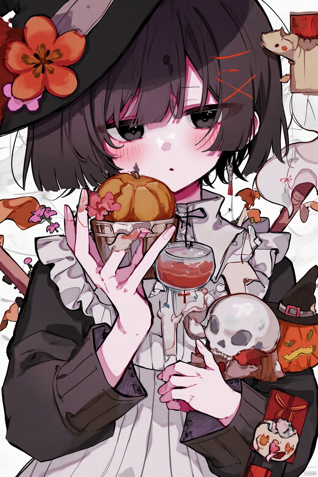 1girl, solo, looking at viewer, blush, short hair, bangs, black hair, hair ornament, long sleeves, hat, dress, holding, jewelry, upper body, flower, earrings, parted lips, food, hair flower, medium hair, white dress, black eyes, black headwear, makeup, witch hat, red flower, candy, pink flower, halloween, skull, ghost, jack-o'-lantern, red lips, witch, pumpkin, orange flower, halloween bucket
