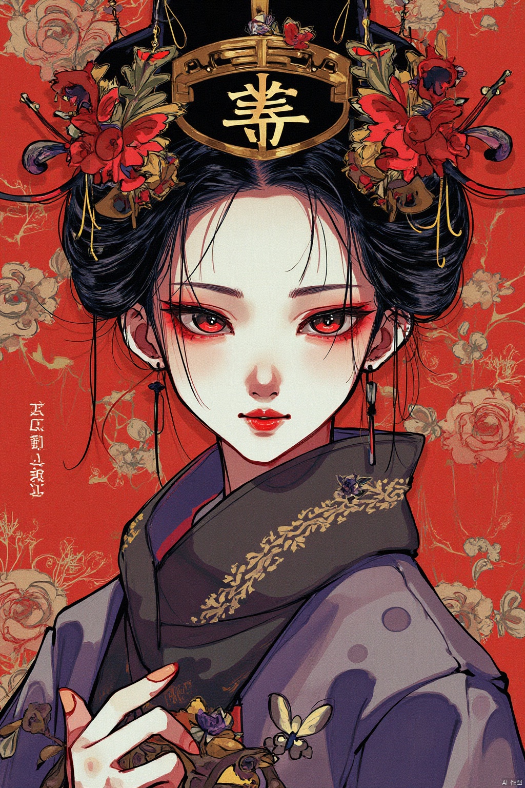 Digital art,Official art,8k wallpaper,super detailed,beautiful and beautiful,masterpiece,best quality,fractal art,lines,illustration,very detailed,bright colors,Chinese opera,Stylized Portrait of a Woman with Traditional Asian Headwear and Makeup,
