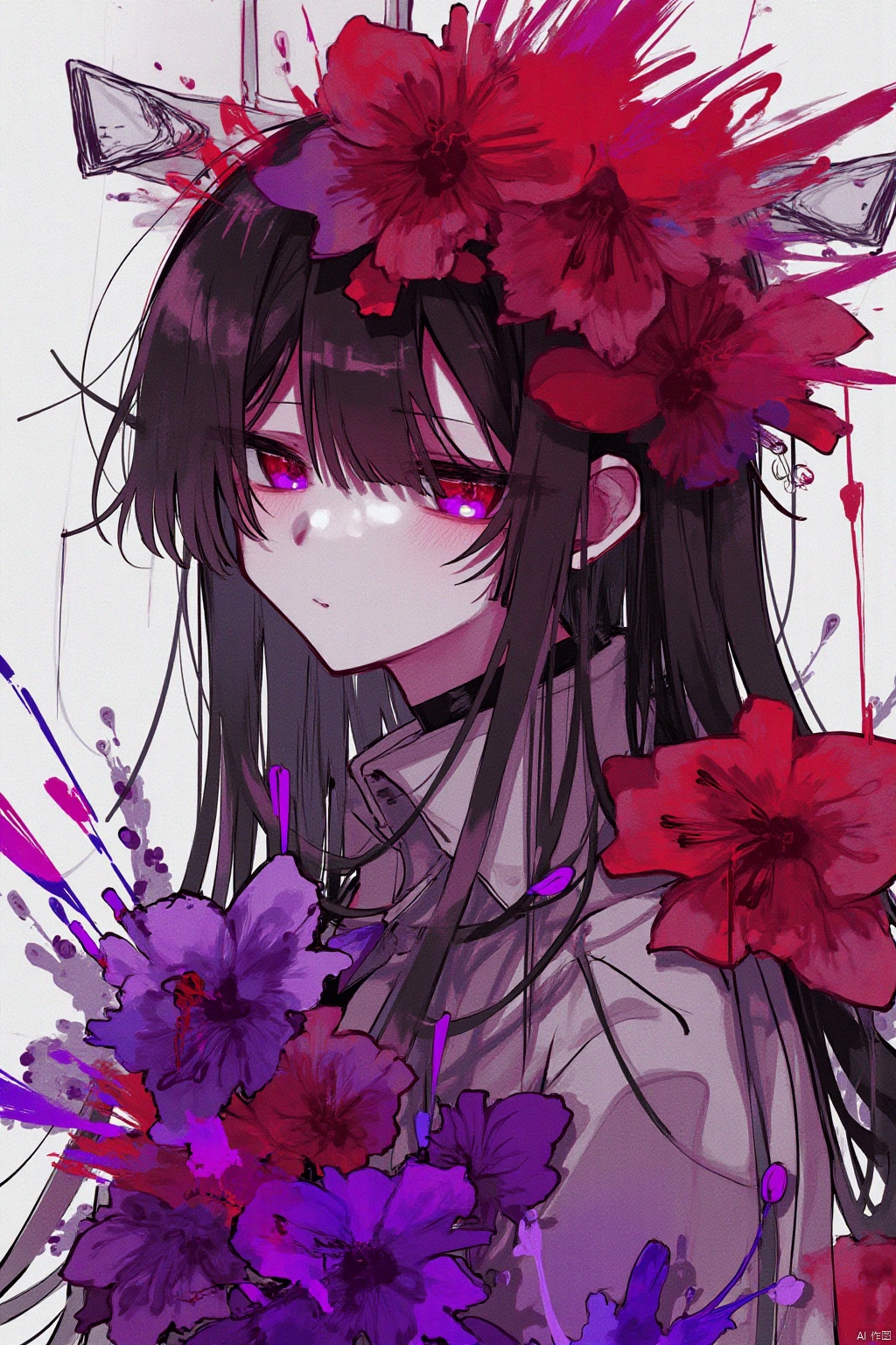 1girl, long hair, flower, Lisianthus, in the style of red and light azure, dreamy and romantic compositions, red, ethereal foliage, playful arrangements, fantasy, high contrast, ink strokes, explosions, over exposure, purple and red tone impression, abstract, whole body capture