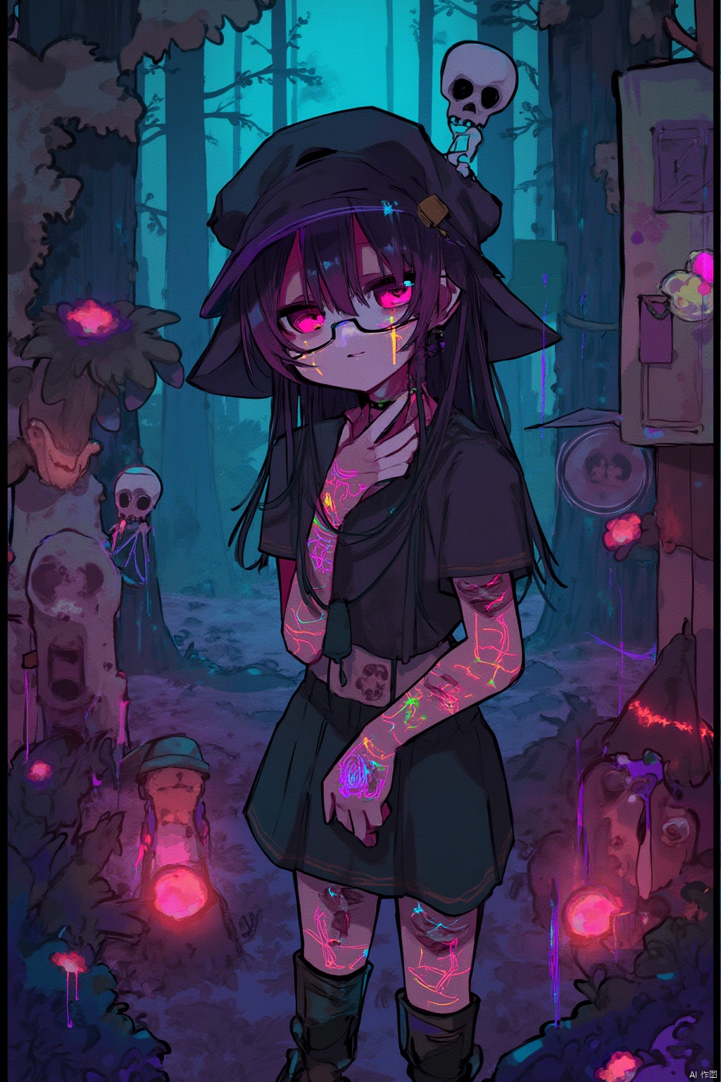 A lively and adorable girl is covered in glowing, colorful tattoos that seem to be alive, flickering with her movements. She wears a small skull cap on her head, adding a touch of Halloween mystery. She stands in a magical forest filled with colorful trees and flowers, the entire scene brimming with fantasy and vitality.