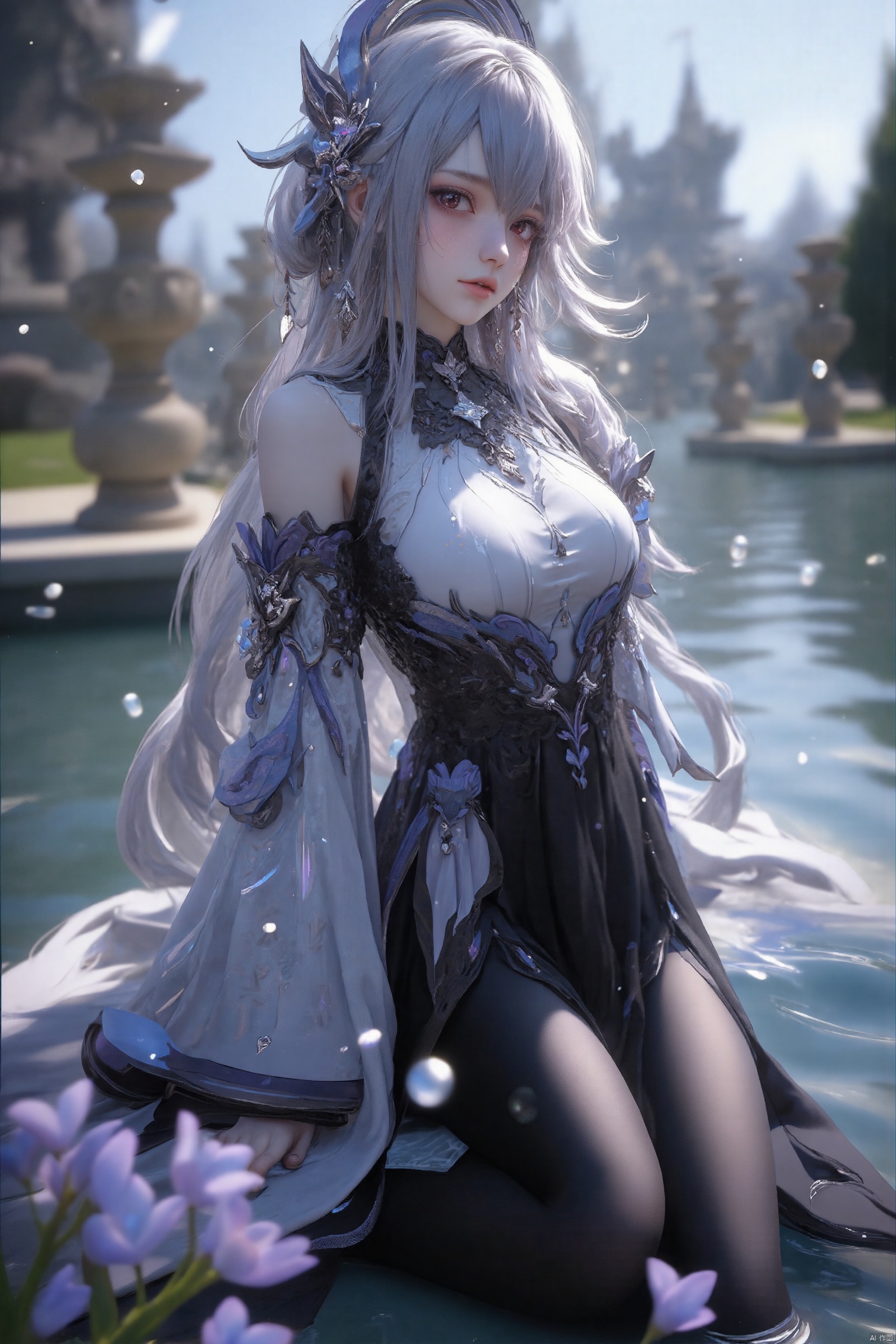 （（masterpiece：1.4,best quality））,（Super detailed）,（Extremely detailed eyes）,（Black leggings,Shiny socks：1.5）,Hello Darkness
((Sexy Girl,Large Breasts)),（Blood-red pupils,Diamond-shaped pupil：1.15）,Purple Eyeshadow,（Elongated hair,Thick hair,shiny hair：1.5）（Variza：1.2）,Fair skin,despair,Grief,Empty eyes,Tears streaming down my face,tilt head to one side,Kneel down
（She wears blue armor,Tight cheongsam,：1.5）,Very long plush sleeves,White,White Cloud,Dream bubbles ,Ice and glitter effects
（Black long skirt：1.1）,
（dawn：1.2）,
（Intense black and white：1.16）,（Depth of Field：1.4）,,Intricate details,(Sky Castle,Standing on the lake,Purple flowers by the lake)