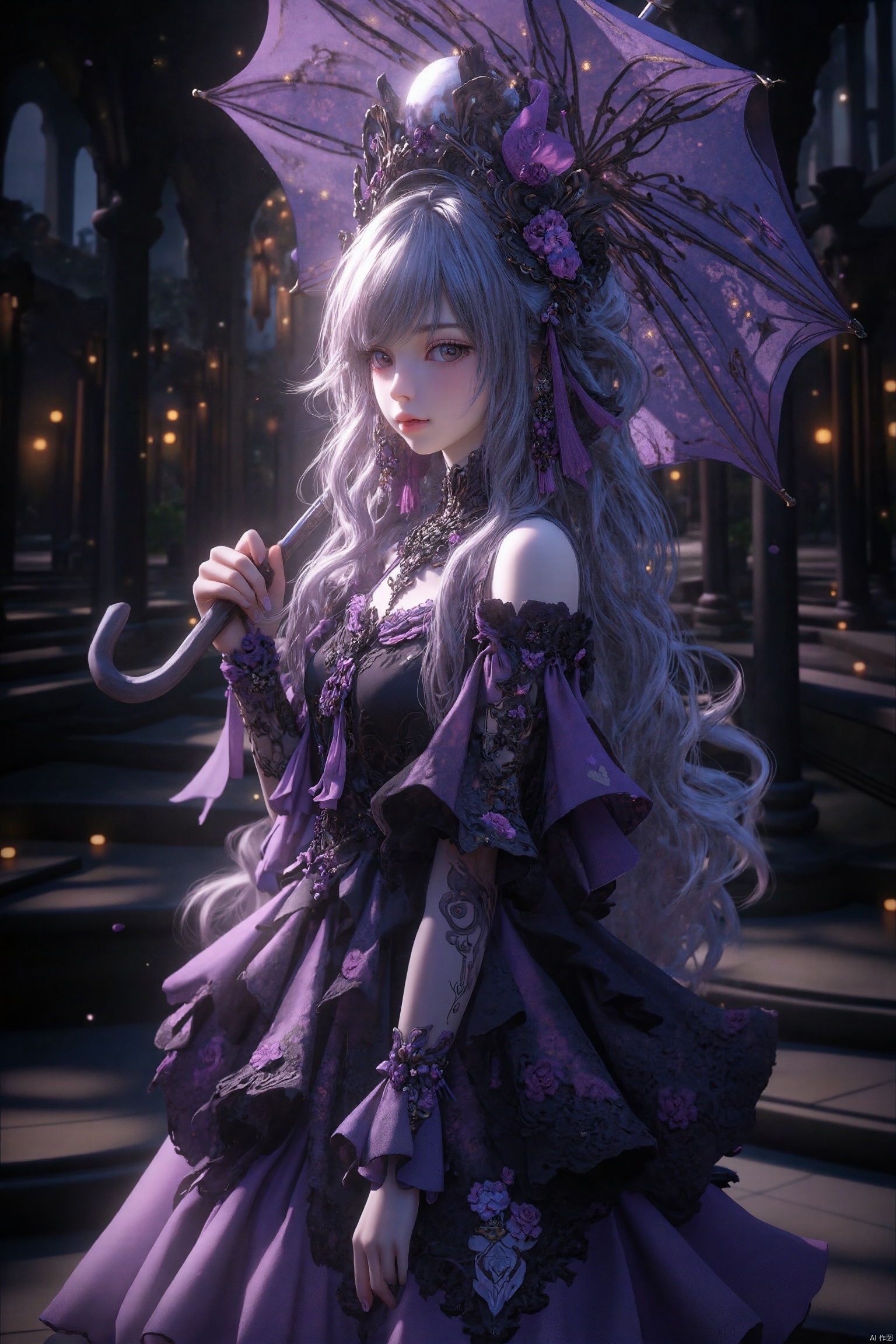 Anime girl in purple skirt holding umbrella in dark room, Moon themed clothing, fantasy costumes, rococo cyberpunk, Elegant Gothic Princess, black and purple clothing, gothic shoujo anime girl, Astral Witch Clothes, lolita fashion, ((beautiful fantasy queen)), Charming hypnotic woman, Dress up in dreamy formal attire, lulua workshop, fairy tale core, I&#39;m going
