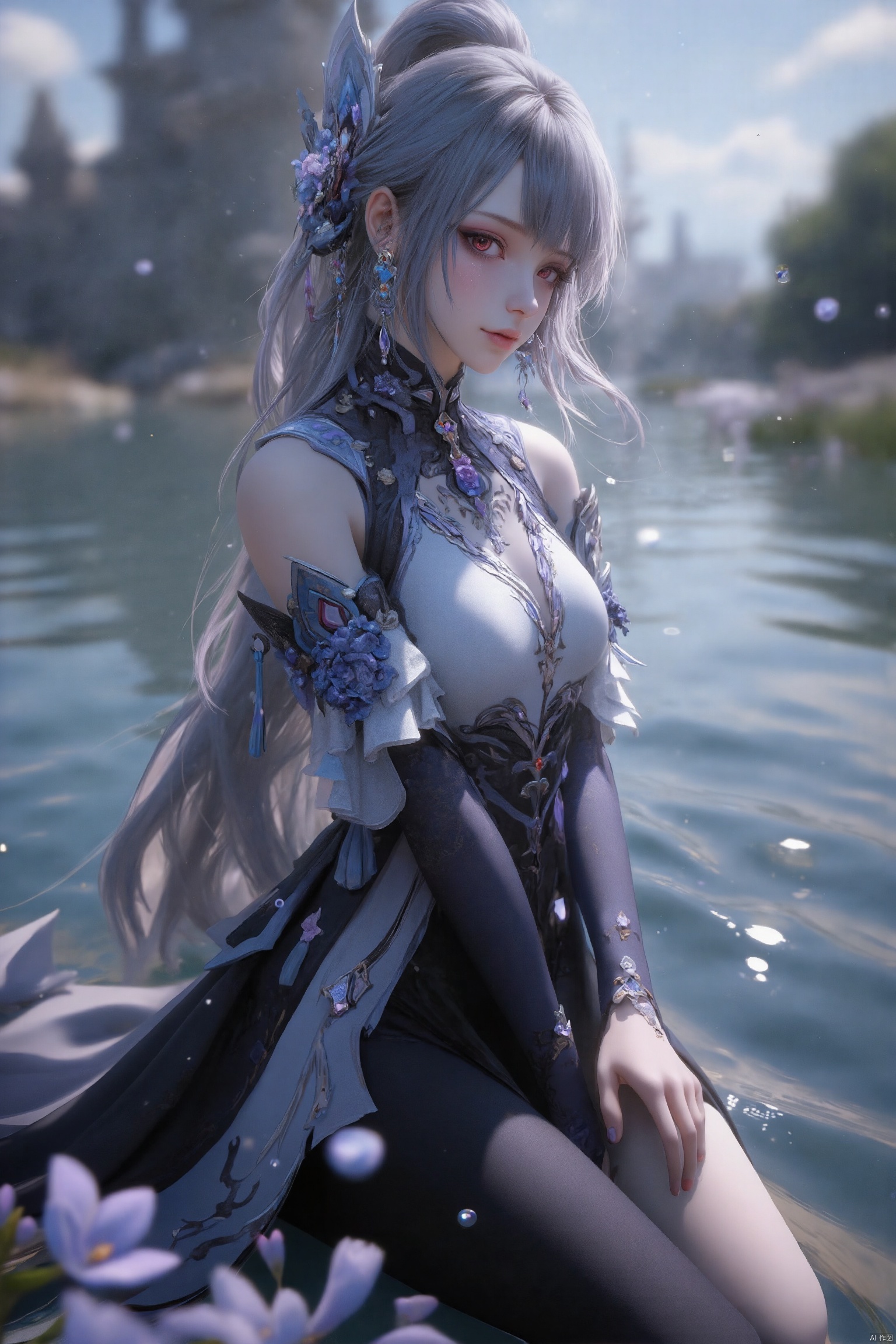 （（masterpiece：1.4,best quality））,（Super detailed）,（Extremely detailed eyes）,（Black leggings,Shiny socks：1.5）,Hello Darkness
((Sexy Girl,Large Breasts)),（Blood-red pupils,Diamond-shaped pupil：1.15）,Purple Eyeshadow,（Elongated hair,Thick hair,shiny hair：1.5）（Variza：1.2）,Fair skin,despair,Grief,Empty eyes,Tears streaming down my face,tilt head to one side,Kneel down
（She wears blue armor,Tight cheongsam,：1.5）,Very long plush sleeves,White,White Cloud,Dream bubbles ,Ice and glitter effects
（Black long skirt：1.1）,
（dawn：1.2）,
（Intense black and white：1.16）,（Depth of Field：1.4）,,Intricate details,(Sky Castle,Standing on the lake,Purple flowers by the lake)