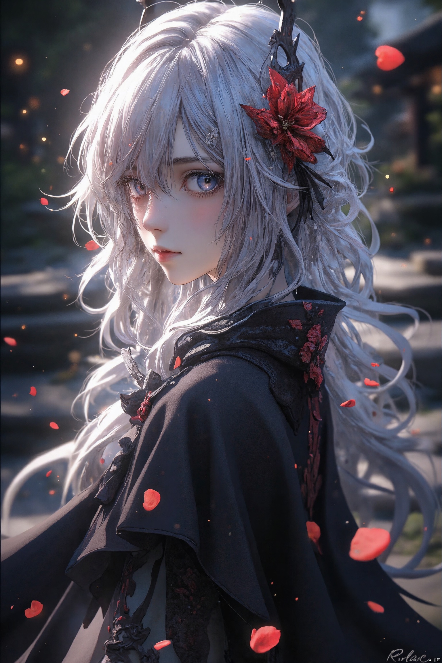 1girll,Solo,1girll,Solo,((Beautiful detailed eyes)), (Detailed light),Depth of field,(White hair),Silver eyes,hair on one eye,(Red flower ), hair flower,Long hair,Black cloak,Wet,emotive,Looking back,Night,Starfall,rained,Heavy fog,Red flowers fall,Sketch,Upper body,intense shading,
