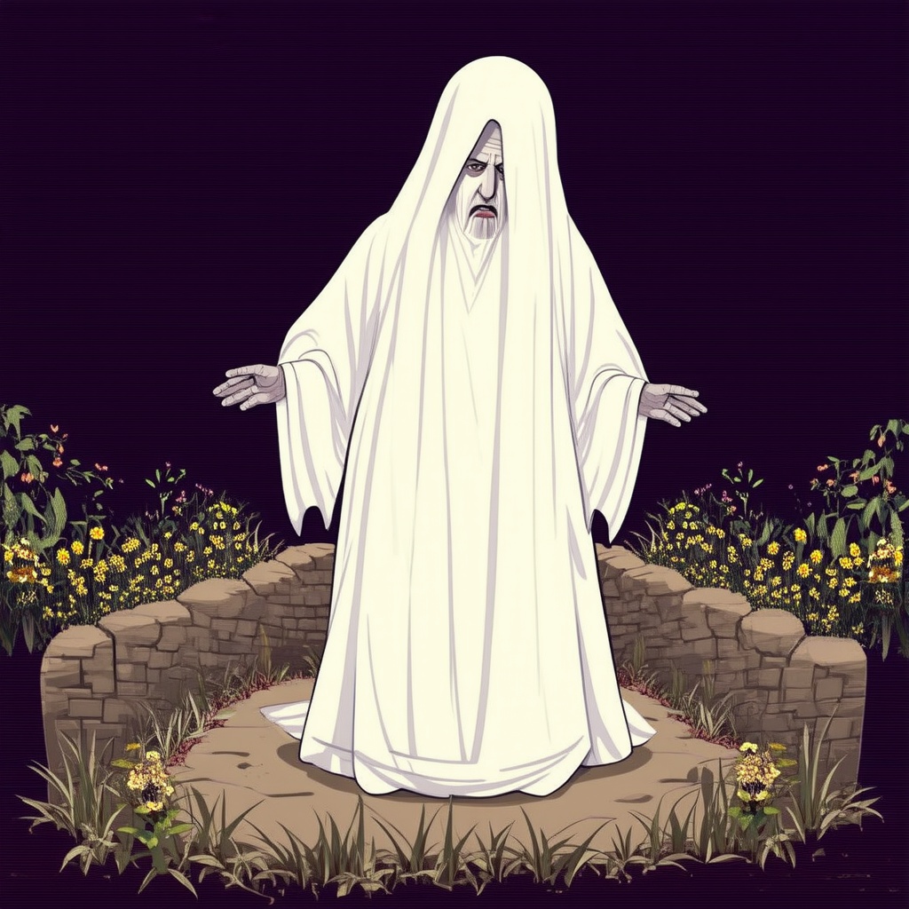 set4n, pocong, a man with white outfit, in the grave at night. in the style of t0k