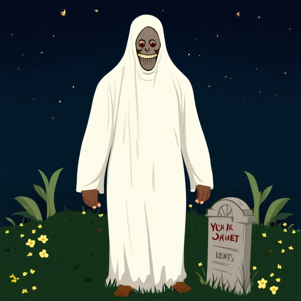 set4n, pocong, a man with white outfit, in the grave at night. in the style of t0k
