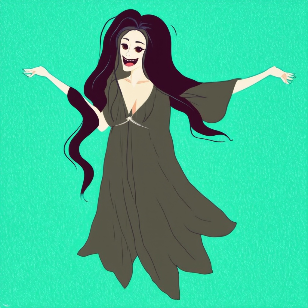 set4n, kuntilanak, a woman with long hair, flying. in the style of t0k