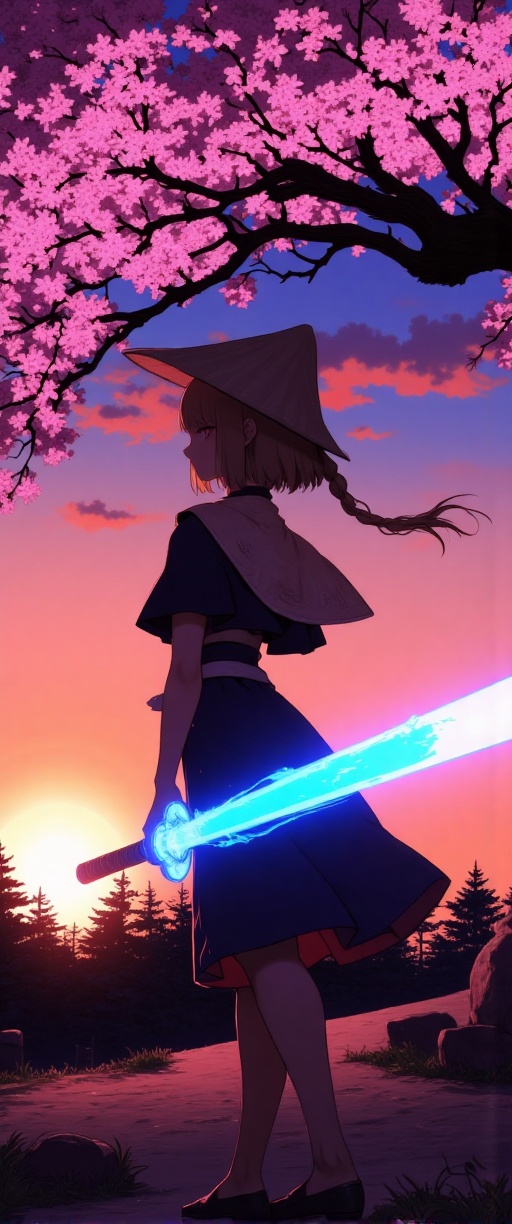 A photo of a monk wearing a robe and a rice hat,  standing below a cherry tree,  wielding a blue glowing laser sword on Te...