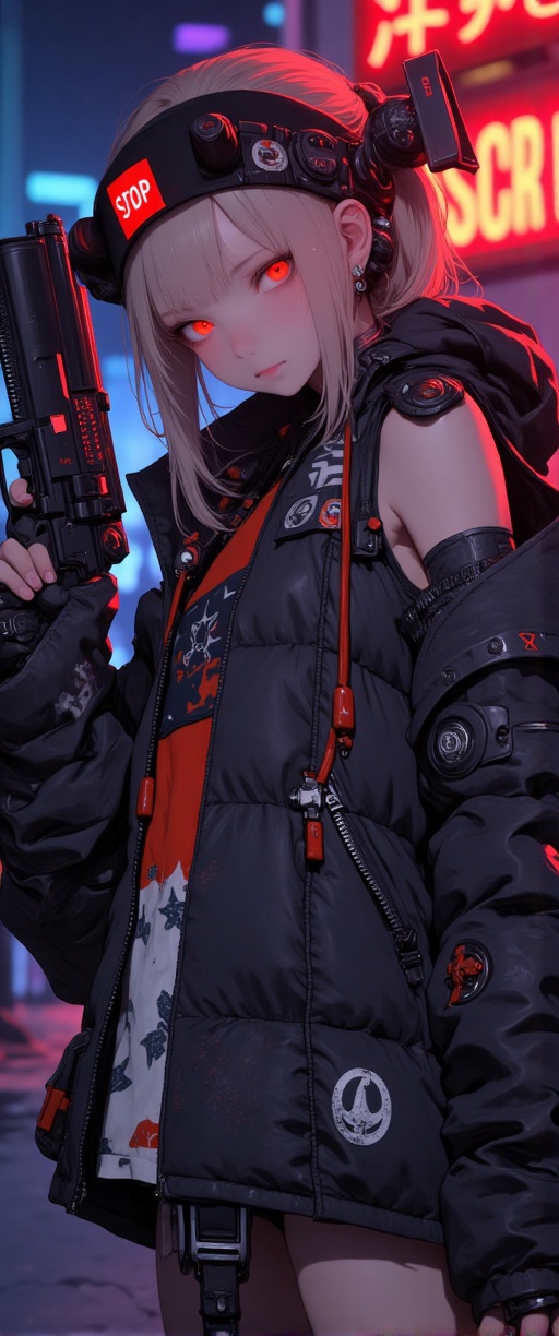cyberpunk anime. Elysium Robot . Robot got glowing red visor with stop sign on it. Robot holds a futuristic handgun in his...
