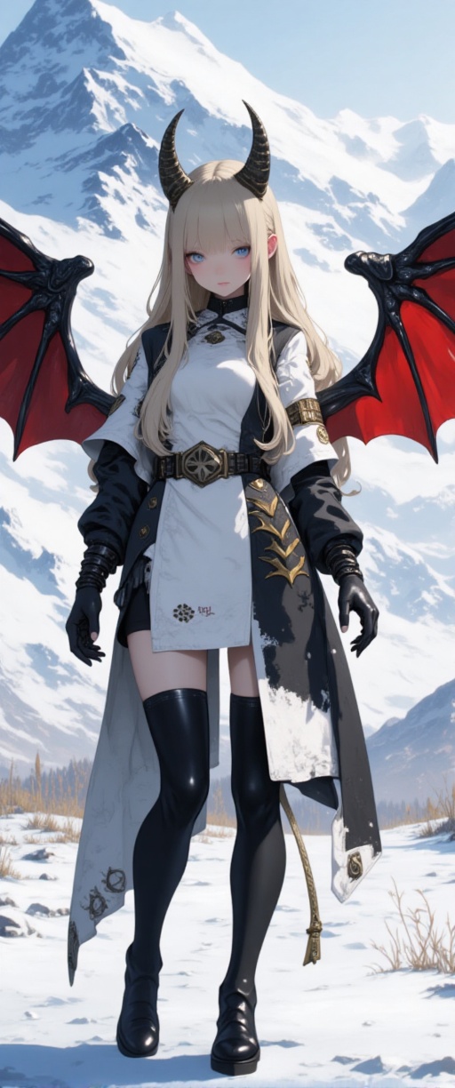 a female warrior is standing in a snowy landscape. She is dressed in a stark white outfit,  adorned with black and gold ac...