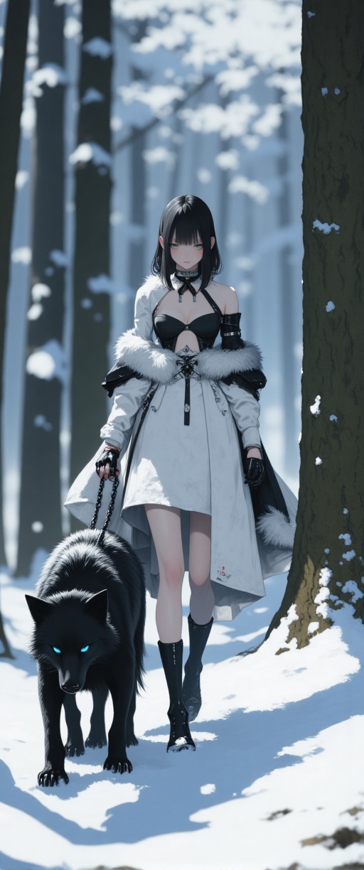 A serene winter wonderland scene unfolds as the captivating woman,  her raven locks glistening in the soft,  diffused ligh...