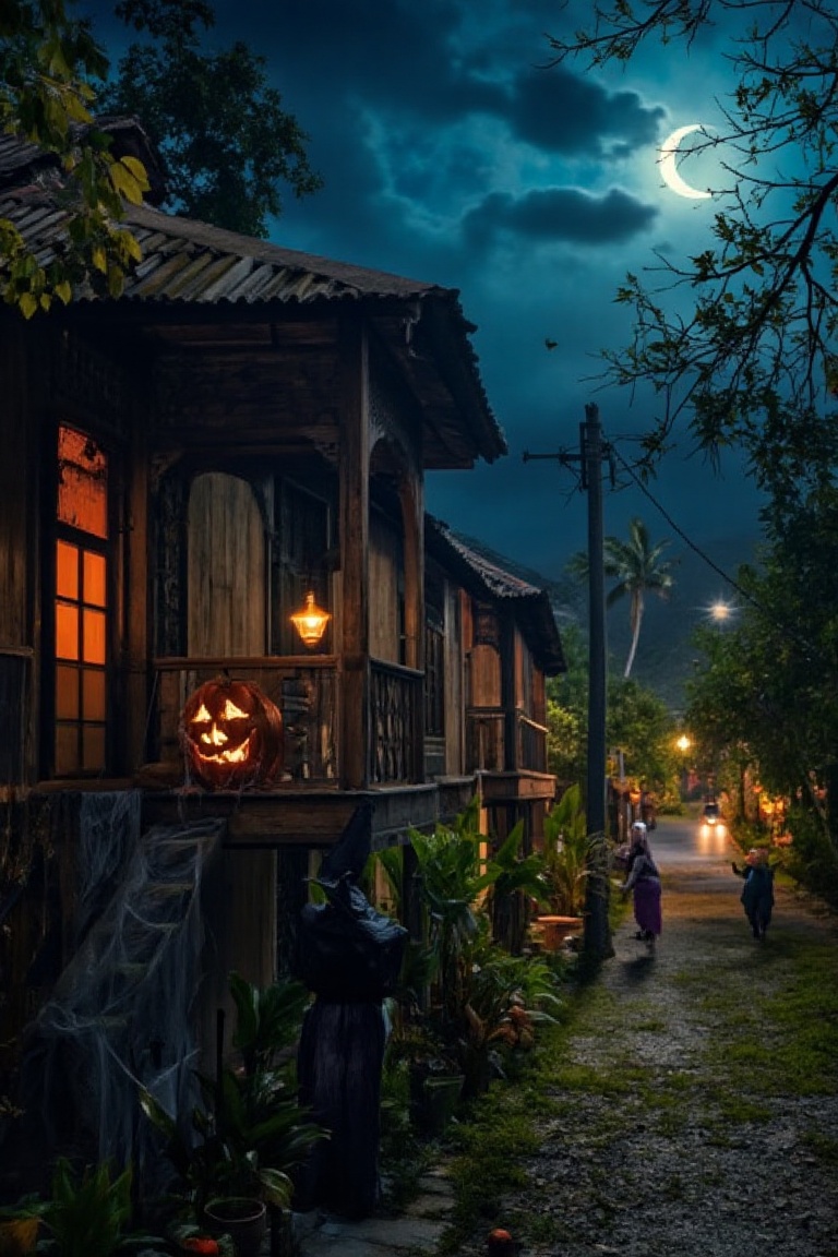 A hauntingly eerie Halloween scene: A jack-o-lantern's glowing face,  aglow in the dark of night,  sits atop a weathered w...