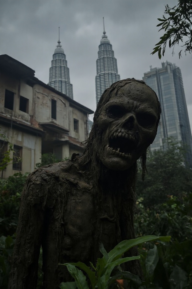 A haunting close-up shot of a decrepit zombie's face,  its decaying flesh and tattered clothing exposed from the waist up....