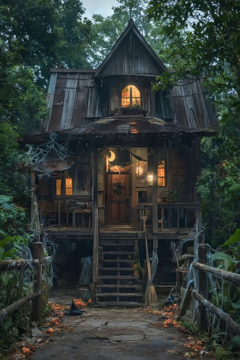 A hauntingly,  aglow in the dark of night,  sits atop a weathered wooden porch on Tensor.Art