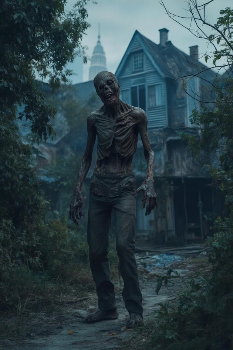 A half-medium shot of a zombie,  its decaying body and tattered clothing visible from the waist up. The zombie stands with...