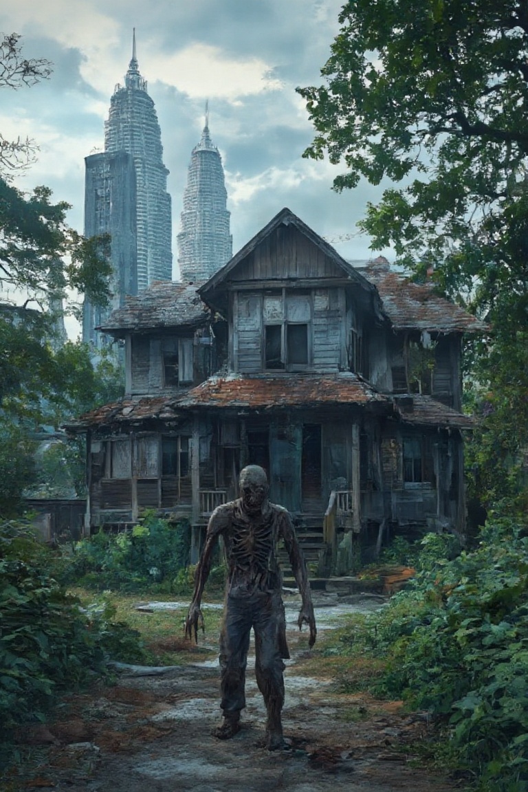 A half-medium shot of a zombie,  its decaying body and tattered clothing visible from the waist up. The zombie stands with...