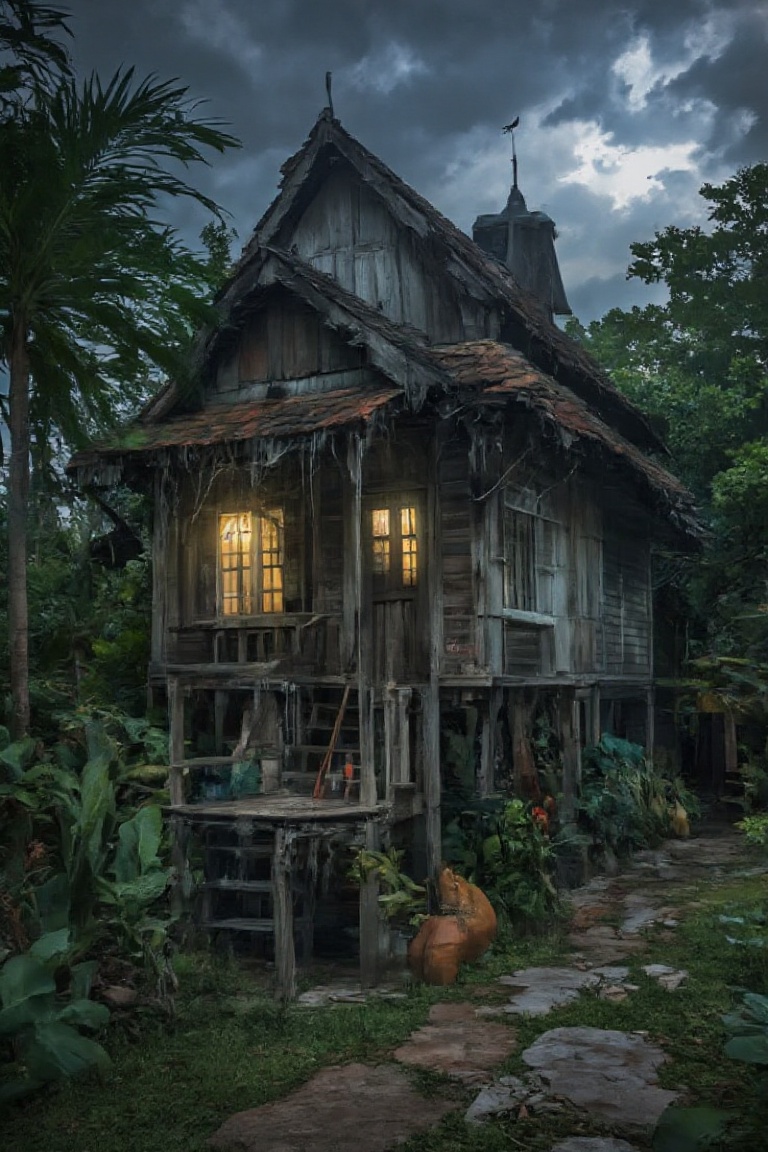 A hauntingly,  aglow in the dark of night,  sits atop a weathered wooden porch on Tensor.Art
