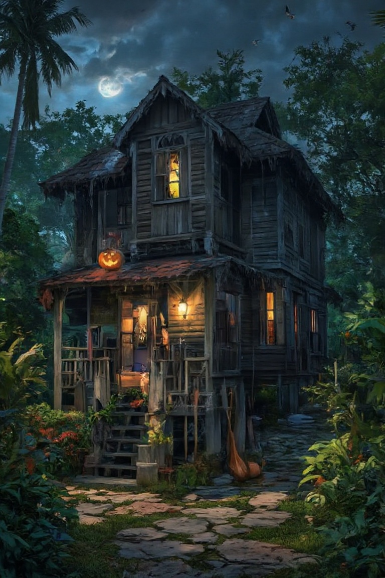 A hauntingly eerie Halloween scene: A jack-o-lantern's glowing face,  aglow in the dark of night,  sits atop a weathered w...