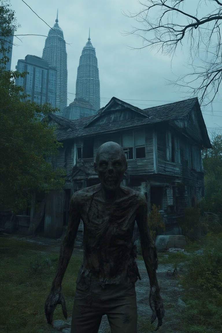 A half-medium shot of a zombie,  its decaying body and tattered clothing visible from the waist up. The zombie stands with...