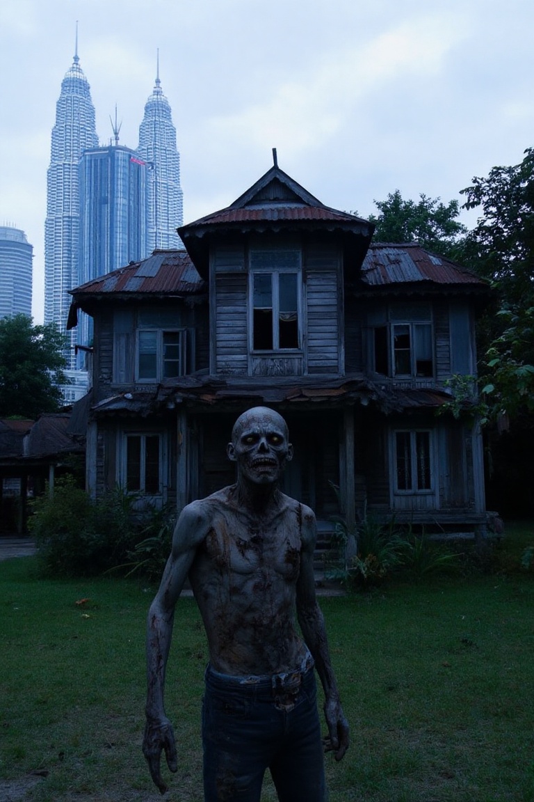 A portrait shot of a zombie,  its decaying body and tattered clothing visible from the waist up. The zombie stands with a...